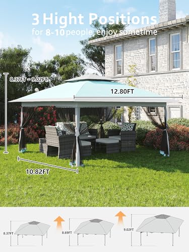Hipicute 13 X 13FT Pop Up Gazebo, Canopy Tent, Gazebos on Clearance,Patio Folding Canopy with Mosquito Netting - Backyard Tent for Party, Wedding,Outdoor Dining, Patio, Backyard(Light Blue+Light Grey) Hipicute