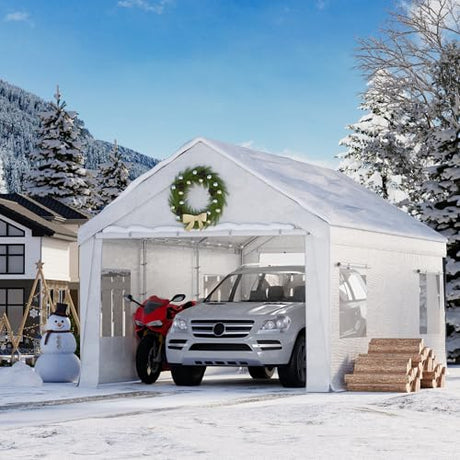 Bezseller 12x20 FT Heavy Duty Carport Canopy with Roll-Up Windows & Doors, Car Tent Portable Garage with All-Season Tarp for Cars, Boat, Trucks, White Bezseller