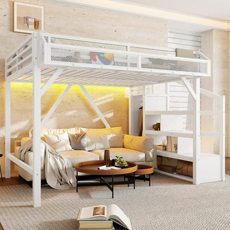 Bellemave Metal Full Size Loft Bed with Stairs and Wardrobe,Heavy Duty Loft Bed Frame with LED Lights and Charging Station for for Kids,Teens,Adults,White Bellemave