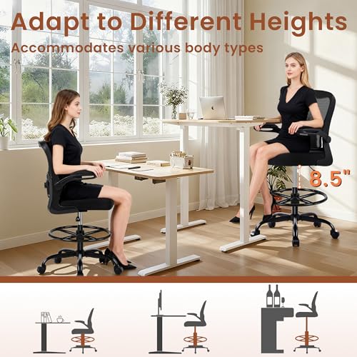 AreShark Drafting Office Chair - Ergonomic Tall Office Chair with Adjustable Footrest Ring - Counter Height Adjustable Rolling Standing Desk Chair with Lumbar Support and Flip-up Armrests for Home AreShark