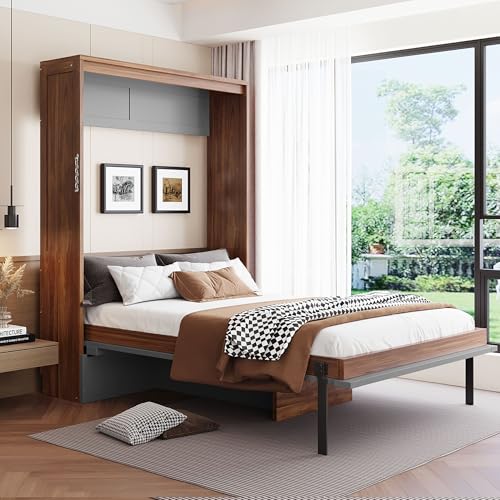 Full Murphy Bed with Desk, Wood Folding Hideaway Space Saving Murphy Wall Bed for Adults (Grey) MERITLINE