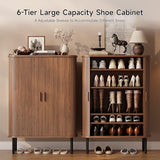 ONBRILL 6-Tier Shoe Cabinet with Sliding Door, Wooden Shoe Storage Cabinet with Adjustable Shelves, Mid-Century Modern Freestanding Shoe Storage Organizer for Entryway, Hallway, Living Room, Walnut ONBRILL