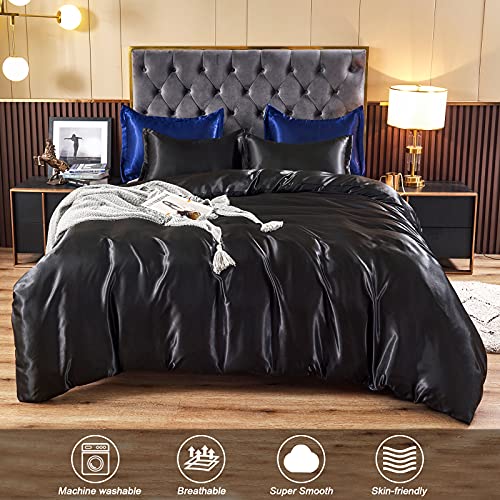 HOdo Home Satin Duvet Cover Twin Size, 3 Piece Silk Like Comforter Cover, Ultra Soft and Breathable Bedding Set with Zipper Closure & Corner Ties (Black) HOdo Home