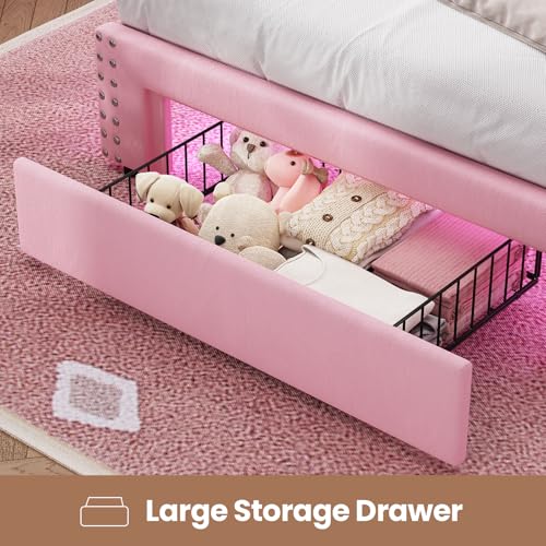 MSmask Twin Bed Frames with LED Lights, Storage Headboard with Charging Station, Drawers, Upholstered Bed Twin Size with Solid Wood Slat, No Box Spring Needed, Easy Assembly, Pink MSmask