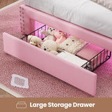 MSmask Twin Bed Frames with LED Lights, Storage Headboard with Charging Station, Drawers, Upholstered Bed Twin Size with Solid Wood Slat, No Box Spring Needed, Easy Assembly, Pink MSmask