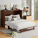 KMBOHE Queen Size Murphy Cabinet Bed with Storage Drawer, Farmhouse Style Pine Wood Wall Bed with Rattan Decoration, Space Saving Folding Bed for Apartment, Guest Room and Office, Walnut KMBOHE