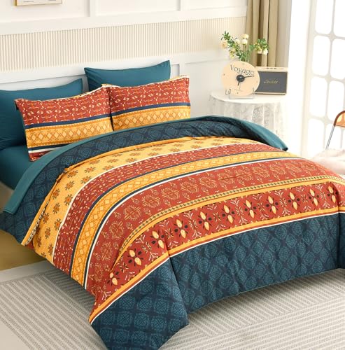 WONGS BEDDING Boho Comforter Set Queen Size,7 Pieces Bed in a Bag Bohemian Striped Bedding Set,Burnt Orange Paisley Floral Comfortet and Sheet Set,Soft Microfiber Bedding Sets for All Season WONGS BEDDING