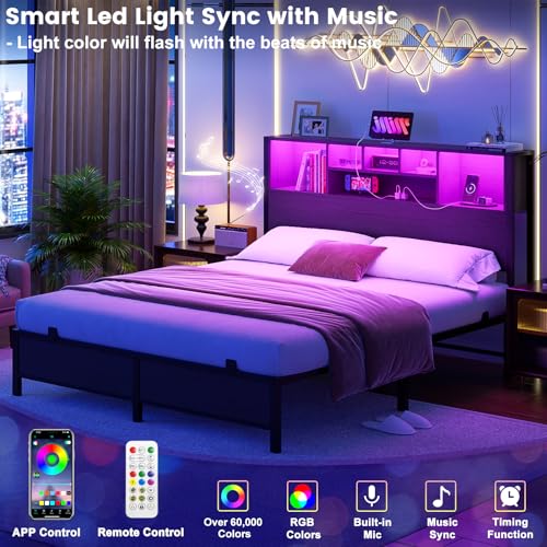 Homieasy Full Size Bed Frame with Bookcase Headboard, LED Lighting & Charging Station - Heavy Duty Metal Platform, No Box Spring Required Homieasy