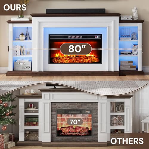 YANSNWO 80" Modern Electric Fireplace TV Stand for TVs Up to 90", Entertainment Center with Mantel, Freestanding Heater, Adjustable Flame, Remote Control, LED Light, Stylish Storage for Living Room YANSNWO