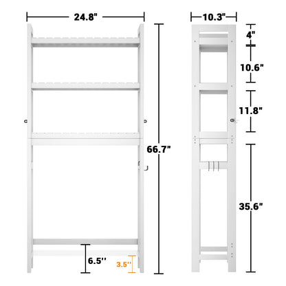 Homykic Over The Toilet Storage, Bamboo 3-Tier Over-The-Toilet Space Saver Organizer Rack, Stable Freestanding Above Toilet Stand with 3 Hooks for Bathroom, Restroom, Laundry, White