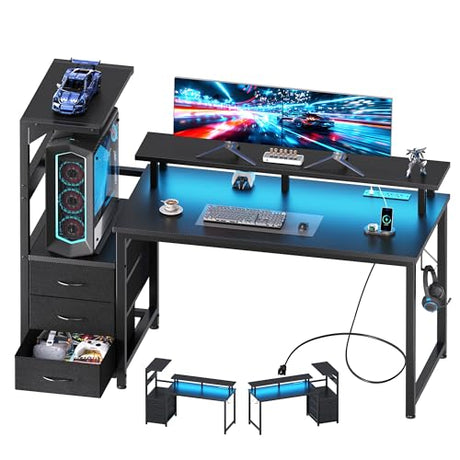 DUMOS L Shaped Gaming Desk with Shelves Storage Drawers 52'', Black Computer Desks with LED Lights Power Outlets, Office Wood Table with PC Stand Cable Management for Bedroom Dual Monitor Streaming DUMOS