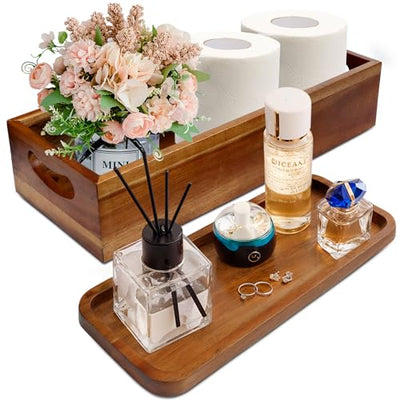 Handcrafted Acacia Wood Toilet Tank Basket Topper & Vanity Tray Set by Demigo