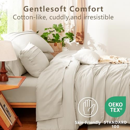 CozyLux Full Size Comforter Sets Beige, 7 Pieces Soft Pinch Pleat Bed in a Bag Full Comforter Set with Sheets, Boho Bed Set with Down Alternative Comforter, Sheets, Pillowcases & Shams CozyLux