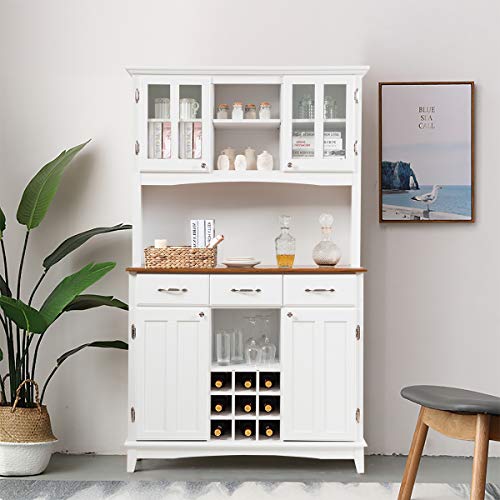 Giantex Buffet Hutch Cabinet, Kitchen Hutch Sideboard, Buffet Cabinet on Storage Island, Wood Kitchenware Server with 3 Large Drawers and 9 Wine Bottle Modules (White) - WoodArtSupply