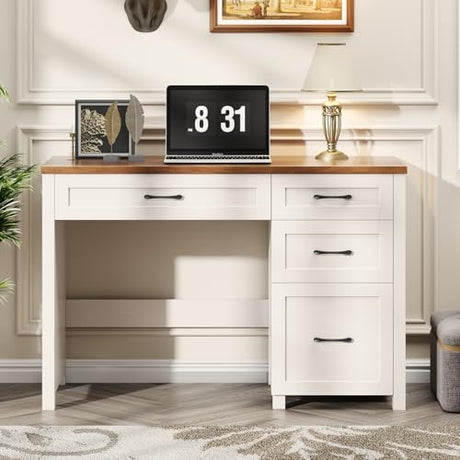 Halitaa Farmhouse 47" Executive Desk, Computer Desk with File Drawer and Charging Station, Workstation for Study, Home Office, Unique White. Halitaa