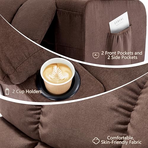 Massage Rocking Recliner Chair, Ergonomic Recliners Sofa with Vibration Massage & Heat, Rocking Chair Nursery Chair for Living Room Lounge with 4 Pockets, 2 Cup Holders, Brown