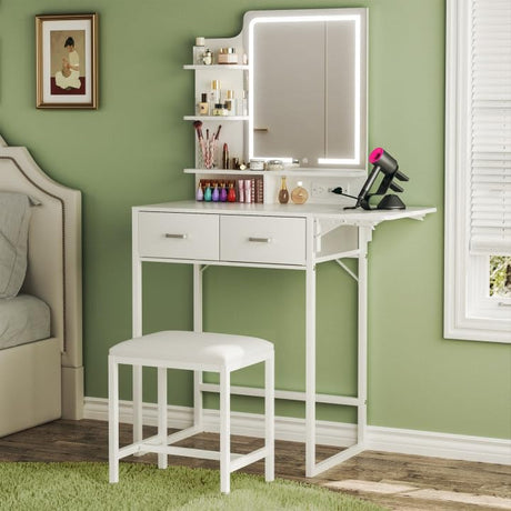 ALEXNUTRE Makeup Vanity Desk with Mirror and Lights, Small Vanity with Fabric Storage Drawer & Chair & Shelves, White Vanity with Fold-up Panel and Power Outlet for Bedroom ALEXNUTRE