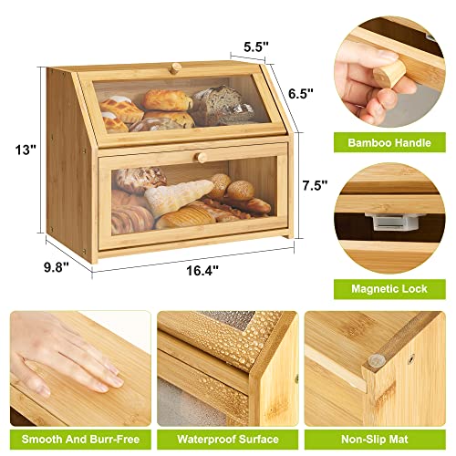 Farmhouse Bread Box for Kitchen Countertop Bread box Double Layer Bamboo Wooden Extra Large Capacity Bin Kitchen Food Storage Container(Natural) BMOSU