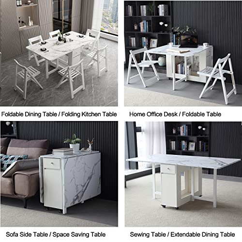 FUNROLUX Folding Dining Table with Rack and 2 Storage Drawers, Movable Extendable Space Saving Kitchen Table in 3 Forms (White) - WoodArtSupply