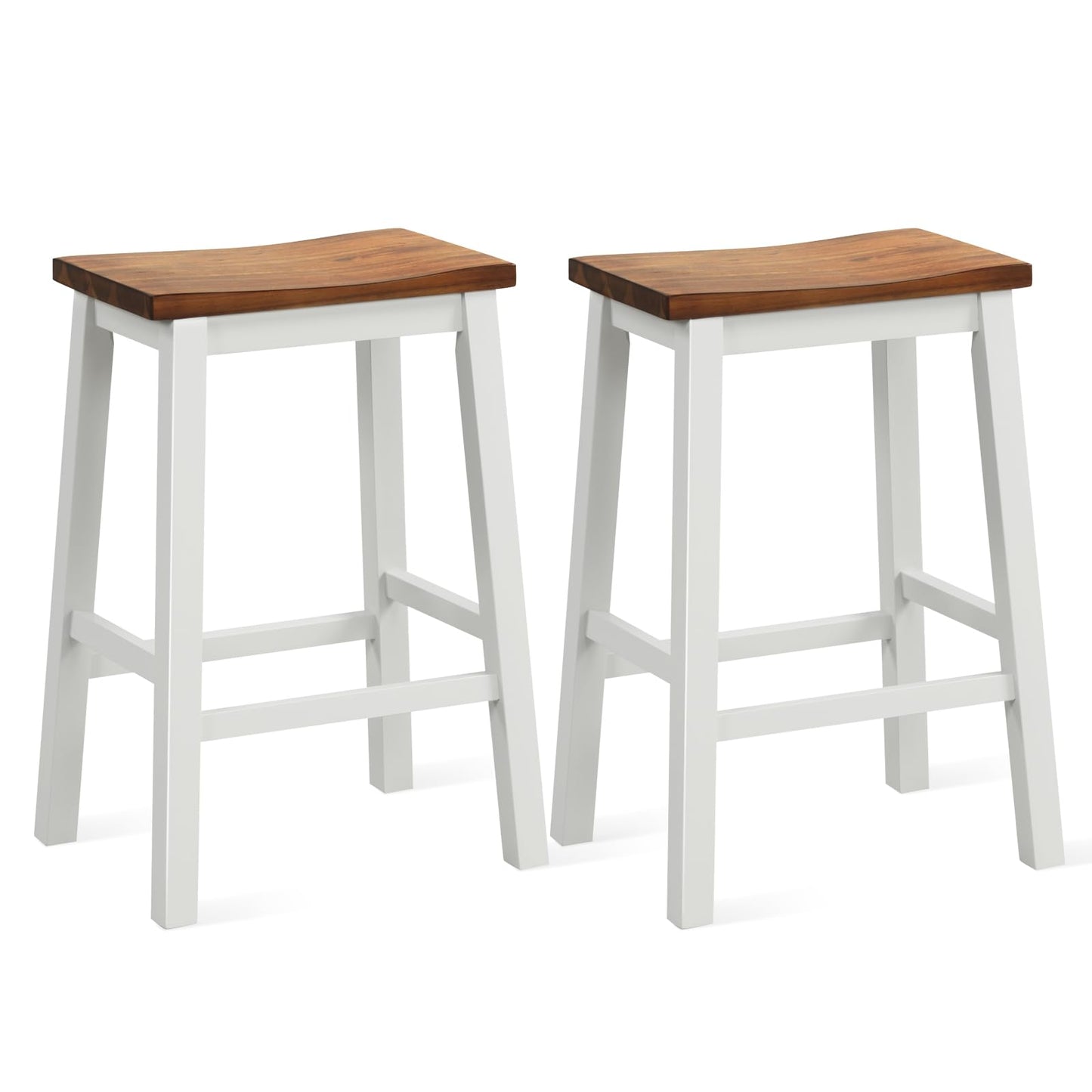 COSTWAY 24.5 Inch Bar Stools Set of 2, Solid Wood Saddle Stools w/Footrests, Industrial Counter Height Breakfast Stools for Kitchen Island, Dining Room, Living Room & Bar, White & Walnut