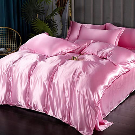 Feelyou Silk Like Satin Bedding Set Twin Luxury Girls Pink Silky Duvet Cover Set Soft Comforter Cover Women Bedroom Decor Chic Luxurious Silky Bedspread Cover Zipper (1 Duvet Cover + 1 Pillow Case) Feelyou