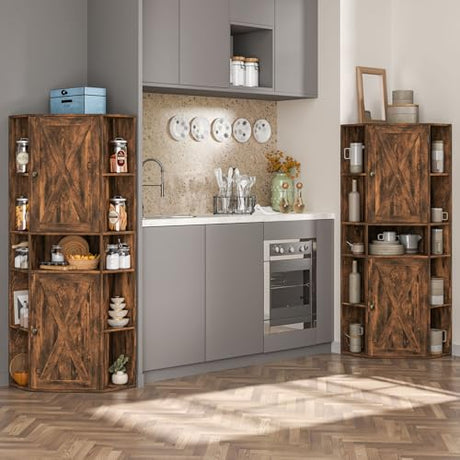 Halitaa Farmhouse Corner Cabinet, Tall Corner Storage Cabinet with Barn Doors and Adjustable Shelves Wooden Display Bookshelf Pantry Cabinets Organizer Home Furniture for Bathroom, Living Room Halitaa