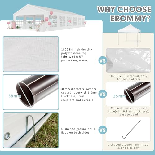 EROMMY 20x40ft Party Tent, Outdoor Wedding Tent, Heavy Duty Large Canopy Carport with Removable Sidewalls, 2 Roll-up Doors, 4 Storage Bags, Gazebo Shelter Tent for Party Event Commercials, White EROMMY