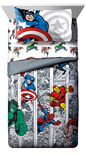 Jay Franco Marvel Avengers Comic Cool 5 Piece Twin Bed Set - Includes Comforter & Sheet Set - Bedding Features Captain America, Spiderman, Iron Man, Hulk, & Thor - Super Soft Jay Franco