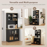 HOMCOM Kitchen Pantry Storage Cabinet, 72" Freestanding Cabinet with Hutch, Large Countertop, Glass Doors and Adjustable Shelves for Dining Room, Black HOMCOM