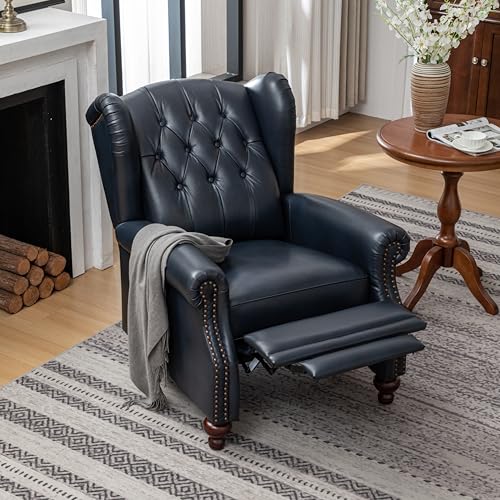 SHINE FURNISHING Genuine Leather Recliner Chair, Push Back Recliner Armchair with Rivet Tufted - Thick Cushioned Seat, Single Sofa & Accent Chair for Living Room (Navy)