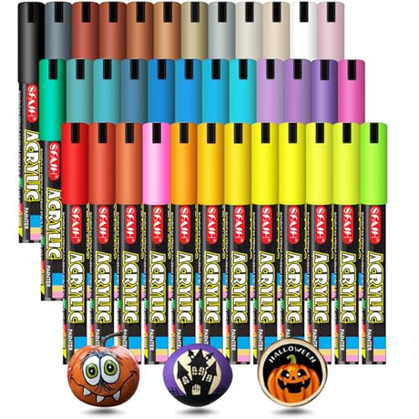 SFAIH Halloween Pumpkin Acrylic Paint Markers Pens - 36 Colors 3mm Pumpkin Markers for Pumpkin Painting Decorating, Rock Painting, Wood, Metal, Fabric, Plastic, Canvas, Glass, Ceramic, Medium Tip SFAIH