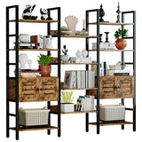 IRONCK Vintage Brown Industrial Bookshelf with Louvered Doors and 5 Tiers - Triple Wide Storage Display Shelf for Home Office and Living Room IRONCK