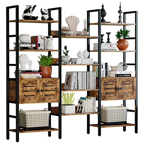 IRONCK Vintage Brown Industrial Bookshelf with Louvered Doors and 5 Tiers - Triple Wide Storage Display Shelf for Home Office and Living Room - WoodArtSupply