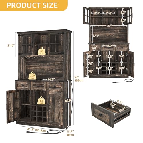DWVO Coffee Bar Cabinet with Power Outlet/Lights, 72" Farmhouse Pantry Cabinet with Storage Shelves and 3 Drawers, Tall Liquor Cabinet Bar Cabinets for Home/Living Room, Dark Rustic Oak DWVO