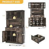 DWVO Coffee Bar Cabinet with Power Outlet/Lights, 72" Farmhouse Pantry Cabinet with Storage Shelves and 3 Drawers, Tall Liquor Cabinet Bar Cabinets for Home/Living Room, Dark Rustic Oak DWVO