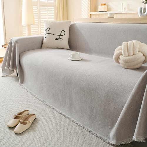 100% Waterproof Couch Cover Sofa Covers for Sectional Couches Reclining Armseat/Chair/Futon Sofa SlipCover for Dog Pet-Friendly Furniture Protector for Living Room with Tassel(91" x 134", Light Gray) TieyaChkis