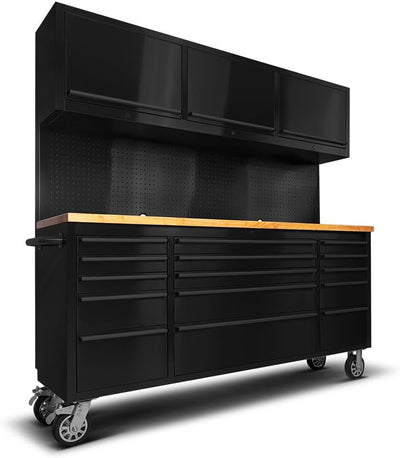 72'' Stainless Steel Rolling Tool Chest with 15 Drawers + 3 Upper Cabinets, Large Tool Box, Matte Black Mobile Workbench, Lockable Storage Cabinet with Wheels for Garage Workshop (1 × HTC7218PC)
