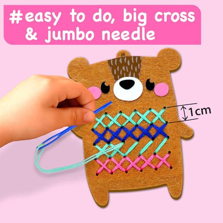 EZCRA Beginner Needlepoint Cross Stitch Kit for Kids Ages 5-8 – Easy Embroidery Starter Set with Jumbo Plastic Needles, Pre-Printed Patterns, Instructions – DIY Arts & Crafts for Girls & Boys EZCRA