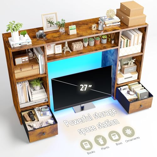 REIBII Desktop Bookshelf with LED Lights,47.2" Desktop Organizer with 6 Shelves and 2 Drawers for Top of Desk,Multipurpose Desk Hutch Dorm with Adjustable Shelves for Home and Office,Rustic Brown REIBII