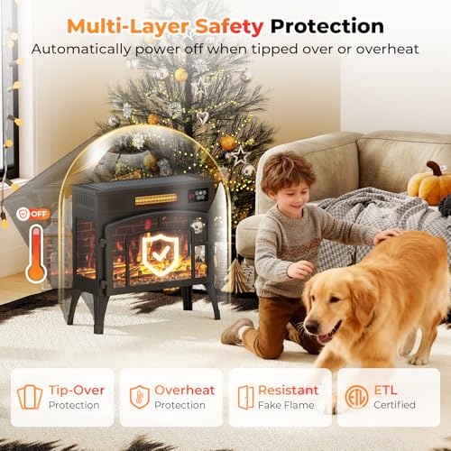 Kucreiheat Electric Fireplace Heater 23" w/Remote, 3D Flame Effects, 750/1500W Electric Heater Fireplace w/Timer, Overheat Protection, Energy Saving Electric Fireplace Stove for Indoor Use, Black Kucreiheat