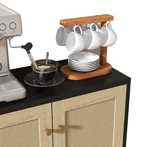 Panana Rattan Decorated 2 Doors Storage Cabinet Accent Cabinet Living Room Cupboard Kitchen Sideboard Buffet Table (Black Cabinet) Panana