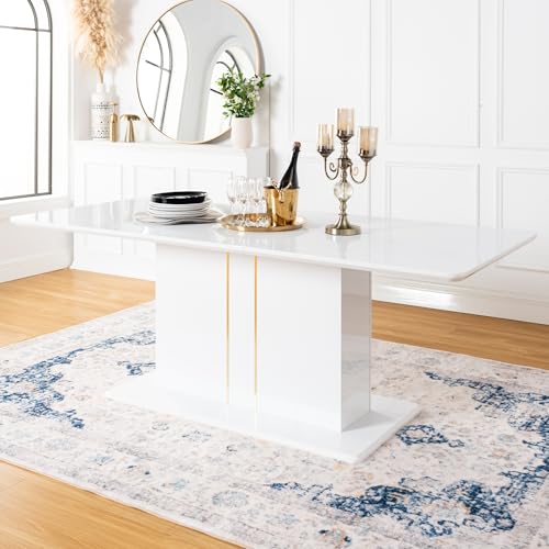 Homy Casa White High Gloss Extendable Dining Table with Black PU Chairs for 6-8 Persons, 63-80.7" Contemporary Wooden Table Set for Dining Room, Conference Room, Reception Area, White (Table) Homy Casa