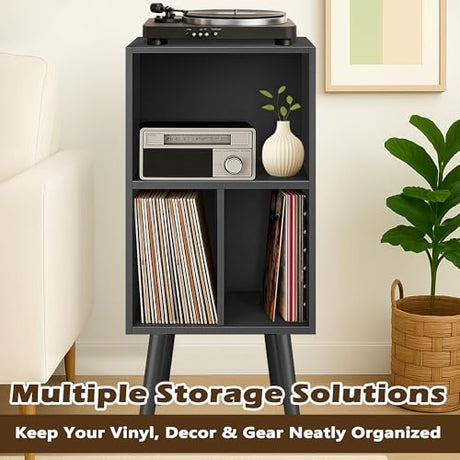 Record Player Stand with Vinyl Storage, 3 Tier Wooden Vinyl Record Stand, Record Player Cabinet, Record Player Stand with Storage, Record Player Shelf for Bedroom, Office, Black Montex