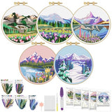 ERKOON Embroidery Kit for Beginners, 5 Sets Flower Cross Stitch Set for Adults Include Embroidery Cloth Hoops Threads for Craft Lover Hand Stitch with Skill Techniques (Landscape)