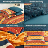 WONGS BEDDING Boho Comforter Set Queen Size,7 Pieces Bed in a Bag Bohemian Striped Bedding Set,Burnt Orange Paisley Floral Comfortet and Sheet Set,Soft Microfiber Bedding Sets for All Season WONGS BEDDING