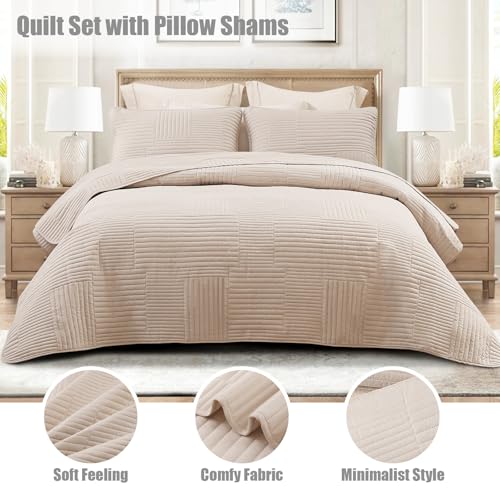 Whale Flotilla Ultra Soft King Quilt Bedding Set, Lightweight Microfiber Brich Beige Quilts Bedspreads Oversized, 3 Piece Ultrasonic Geometric Coverlet Bed Cover for All Seasons Whale Flotilla
