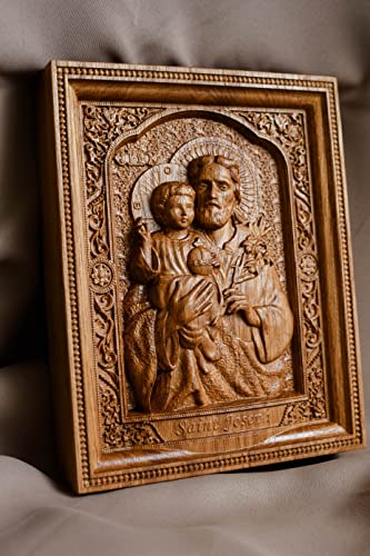 Christian Gift for Dad Saint Joseph Wooden Carved Religious Icon - Art Work from solid wood - Personalized - All sizes - Any Occasion Christian Gift Idea - WoodArtSupply