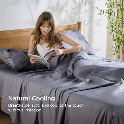Bedsure Cooling Sheets for Full Size Bed, Viscose Derived from Bamboo, Deep Pocket up to 16", Breathable Soft Bed Sheets & Pillowcases, Dark Grey Bedsure