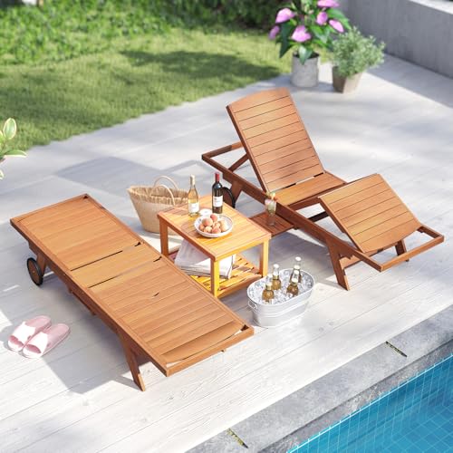 Tangkula Lounge Chair Outdoor with Wheels, Patio Wood Chaise Lounge with 4-Position Adjustable Backrest & Leg Area, Extendable Side Table, Pool Sunbathing Reclining Lounger for Outside Backyard (1)