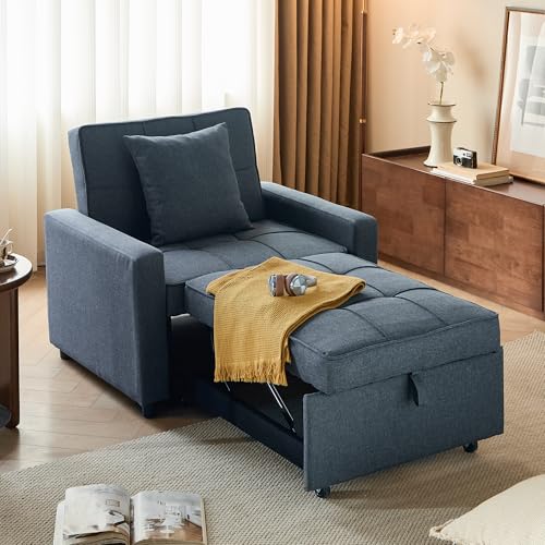 Homotive Sleeper Sofa Bed 3-in-1 Sleeper Chair Pull Out Bed, Futon Couch, Convertible Sofa Bed with Reclining Backrest, 35.6" (Blue) Homotive